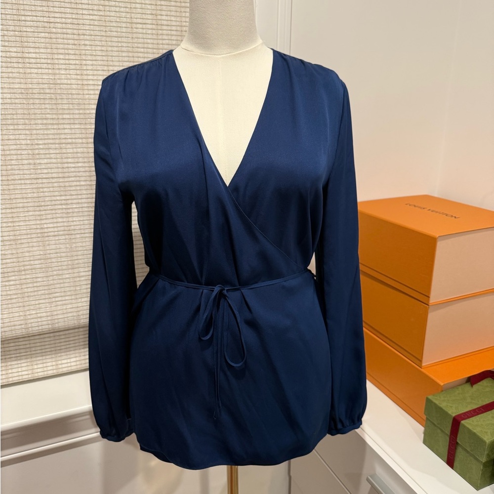 Theory Deep Blue Silk Wrap Blouse Size M